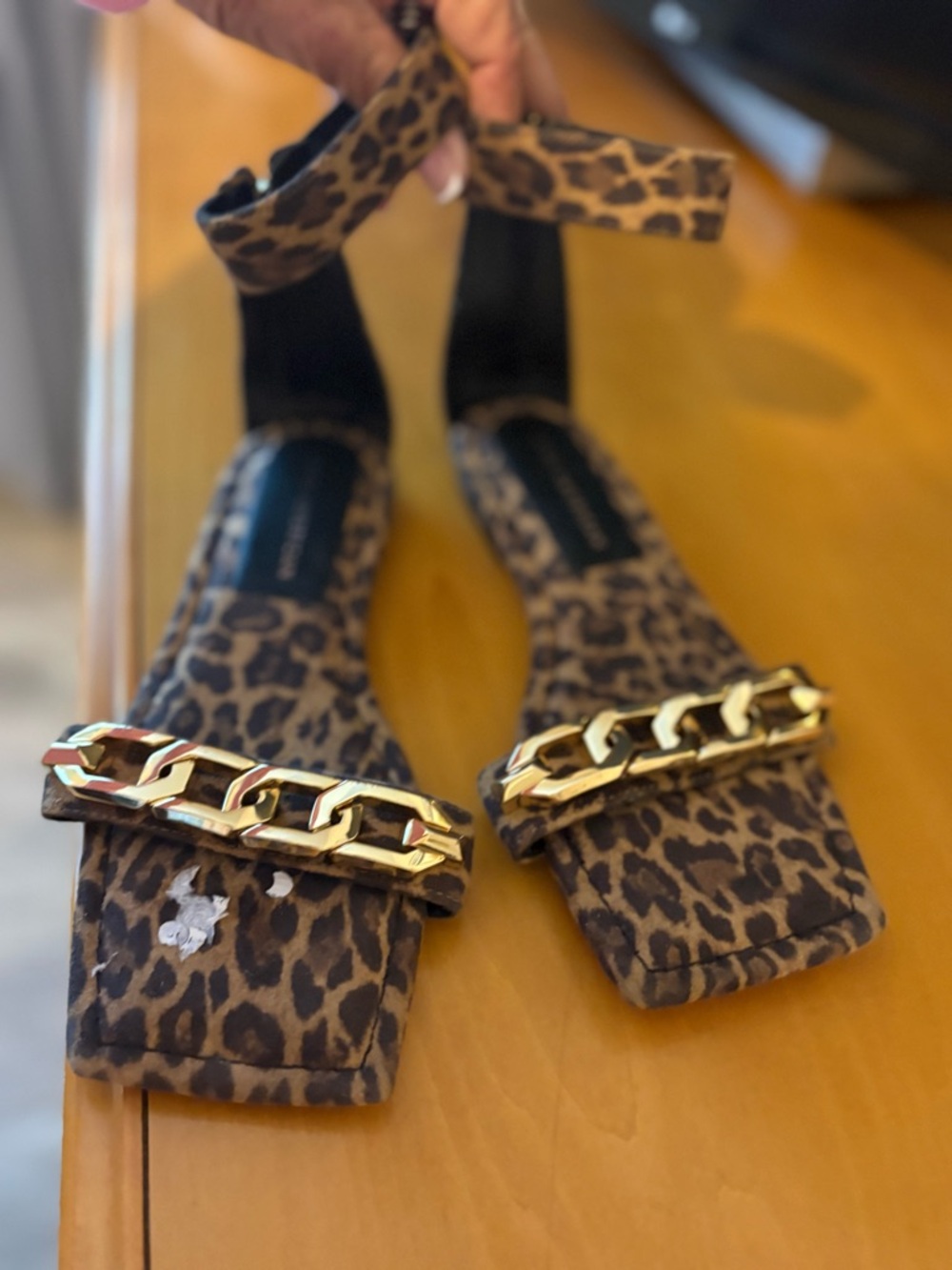 Good American Leopard Print Ankle-Strap Flats with Gold Chain